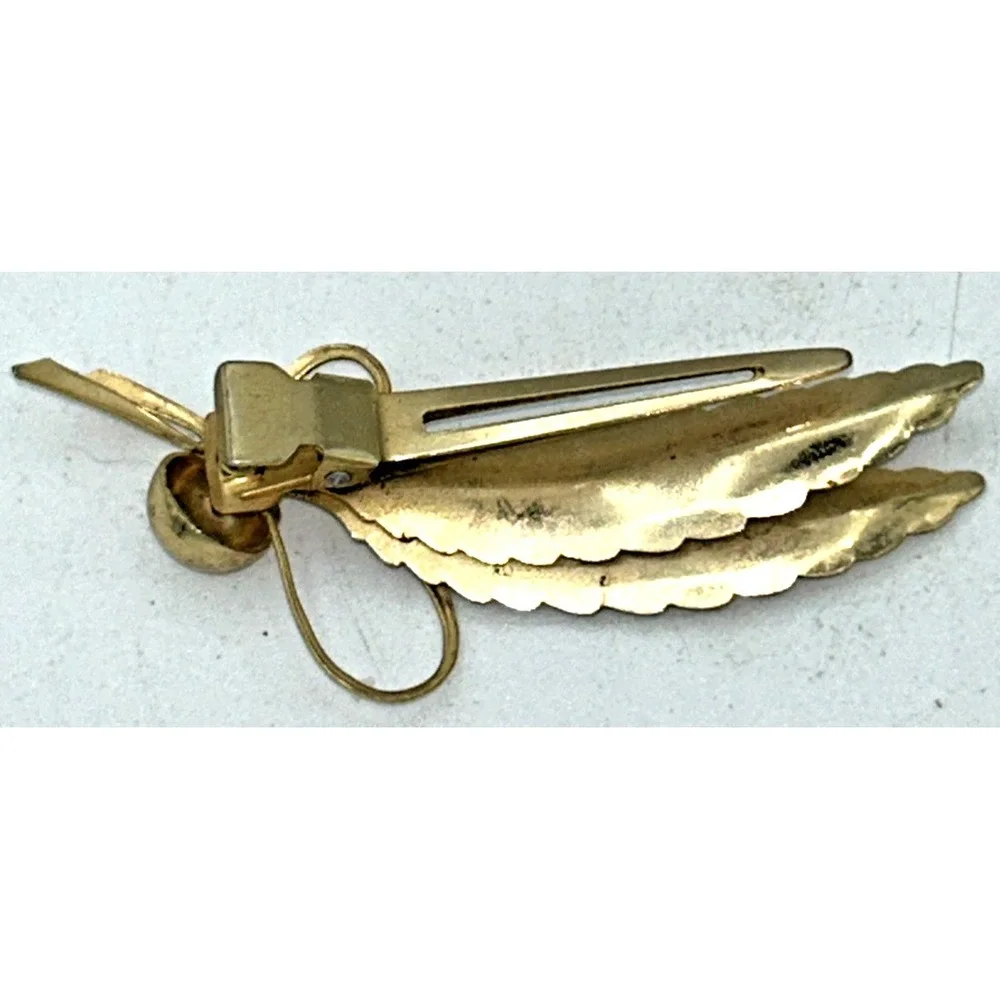 Vintage 60s Gold Tone Barrette Double‎ Leaf & Bow Clip Back Leaves Approx 2 3/4